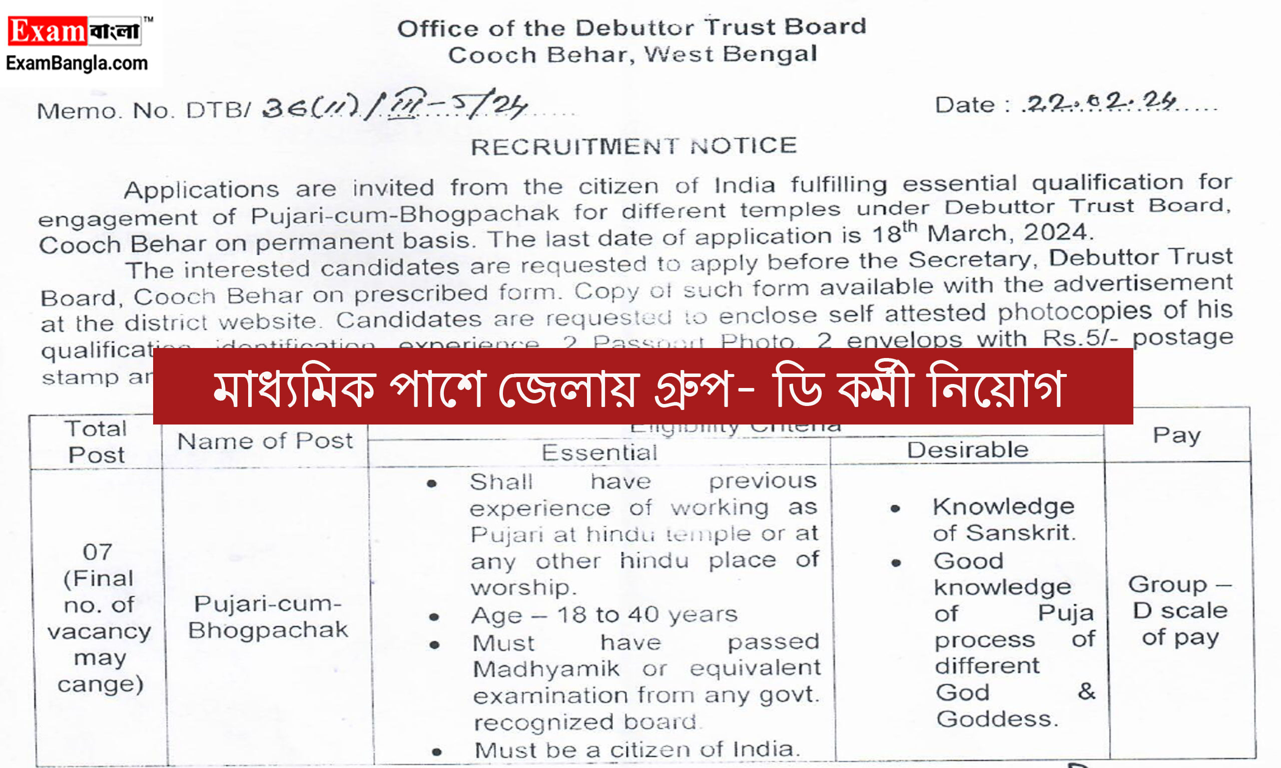 জেলায় গ্রুপ- ডি পদে কর্মী নিয়োগ